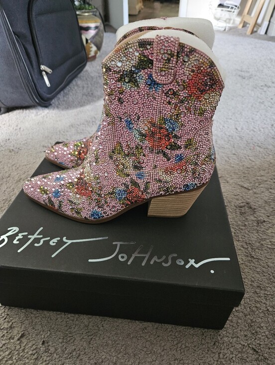 Betsey Johnson Shoes - Betsey Johnson Pink Floral Crystal Western Booties Sz 8 $125 NWT